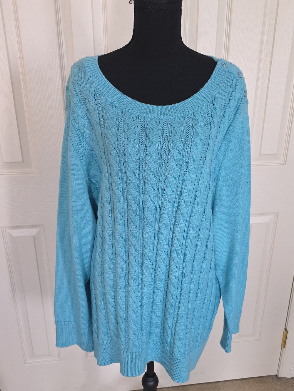 Talbots Bright Turquoise Cable Scoop Neck Sweater with Shoulder Buttons